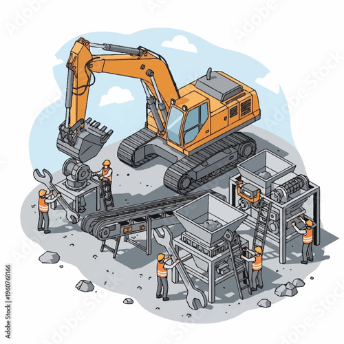 Heavy machinery and workers engaged in a detailed industrial crushing and conveyor belt operation.