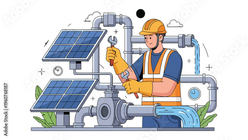 Solar Panel Engineer in Action: A skilled engineer, helmeted and gloved, meticulously repairs solar panel system. Focus on technical expertise and environmental sustainability.