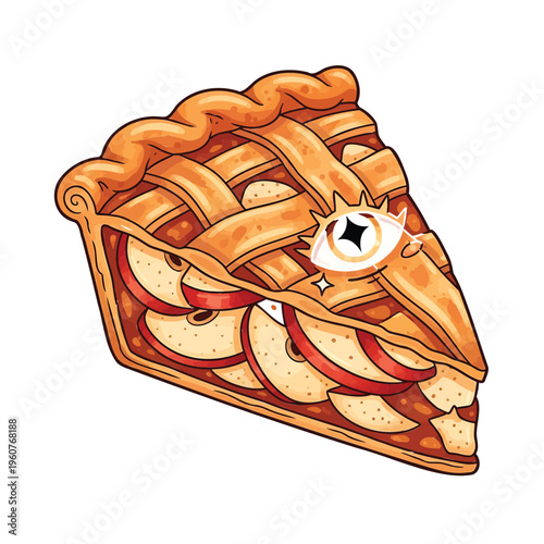Whimsical sticker of a slice of apple pie with an eye