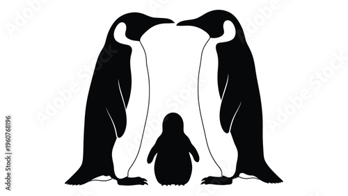 A pair of adult penguins lovingly protect and watch over their small chick