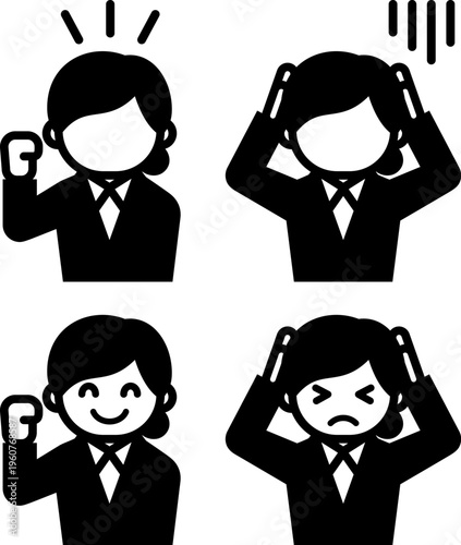 成功したビジネスウーマンと失敗したビジネスウーマンのモノクロアイコン