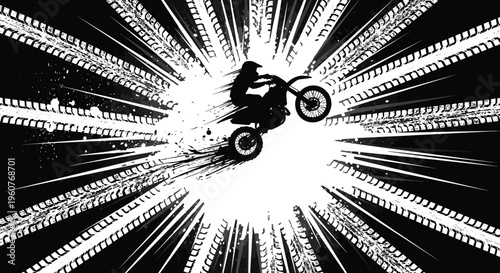 Motocross rider silhouette jumping with tire track background, dirt bike extreme sport action vector, black and white racing competition art.