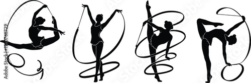 Rhythmic gymnastics silhouette collection, female athletes performing with ribbons and hoops, artistic sports vector, flexible gymnast poses isolated on white.