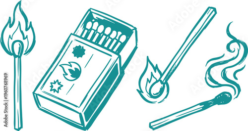 Matchstick and Matchbox Hand Drawn Line Art Vector Design Fire Ignition Concept Illustration.