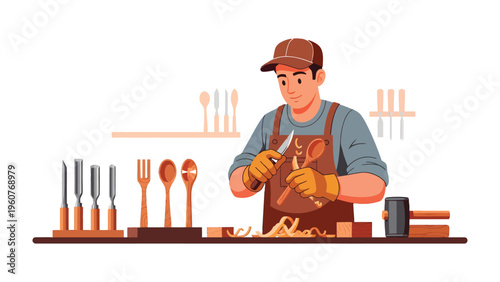 Artisan at Work: An artisan meticulously carves wood, crafting exquisite cutlery in a focused display of skill and artistry.