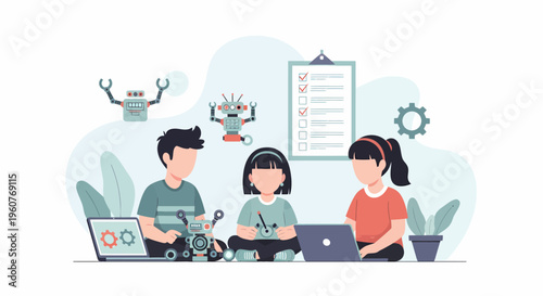 Children learning robotics and programming with laptops and robots.