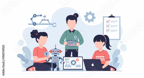 Children learning robotics and programming with a robot and laptop.