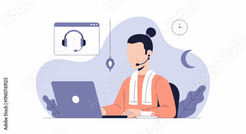 Customer service agent wearing headset working on laptop providing support.