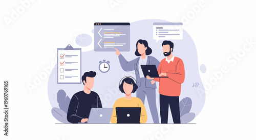 Diverse group of business professionals collaborating on a project in a modern office setting.