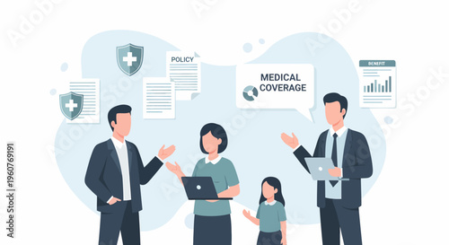 Family discussing medical coverage with insurance agents, health plan benefits explanation.