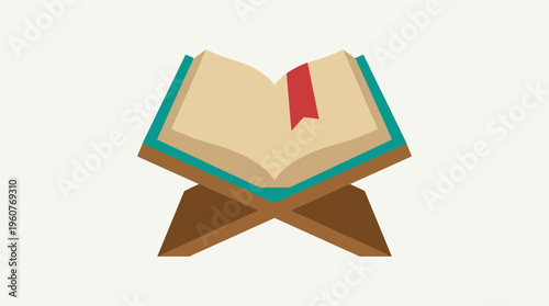 Flat illustration of an open holy book with a red bookmark resting on a wooden book stand, symbolizing religious texts and study.