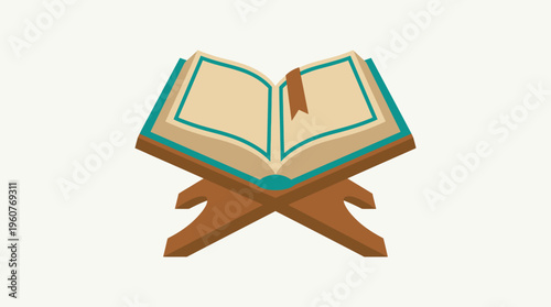 An open holy book with teal cover and pages, resting on a traditional wooden rehal or lectern, symbolizing religious study and devotion.