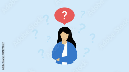 A woman with a question mark above her head, surrounded by more question marks, symbolizing confusion or inquiry.
