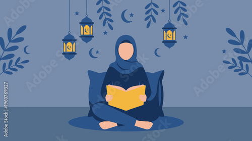 An illustration of a Muslim woman in a hijab sitting on a cushion and reading a book, surrounded by Islamic lanterns, crescent moons, and decorative plants.