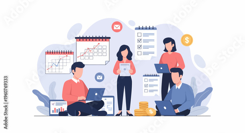 Group of business people collaborating on project management and task scheduling.