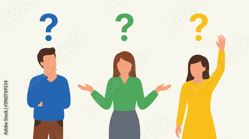 Three diverse people with question marks above their heads, representing confusion, inquiry, or problem-solving in a discussion.