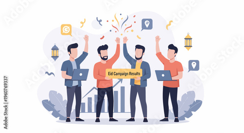 Group of Happy Men Celebrating Success with Confetti Falling Around Them.