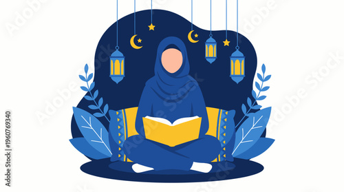 A Muslim woman in a blue hijab sits cross-legged, reading a book, surrounded by Islamic lanterns, crescent moons, and stars, depicting a scene of quiet contemplation and learning.
