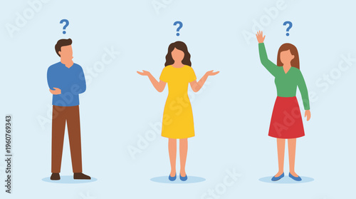 Three diverse people with question marks above their heads, illustrating confusion, inquiry, or seeking answers in a simple vector style.