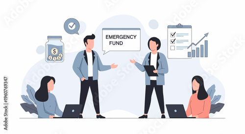 Group of people discussing emergency fund savings and financial planning strategies.