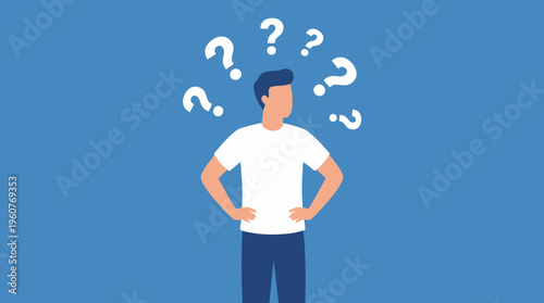 An illustration of a man standing with question marks floating around his head, symbolizing confusion, doubt, or deep thought on a blue background.