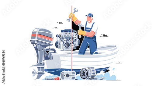 Boat Mechanic at Work: A skilled mechanic meticulously repairs a boat engine, wielding tools to ensure peak performance and reliability. 