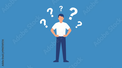 Vector illustration of a man pondering with question marks around him, indicating uncertainty and confusion.