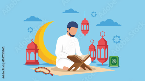 A Muslim man reading the Quran on a prayer mat with Islamic lanterns and a crescent moon, symbolizing devotion during Ramadan.