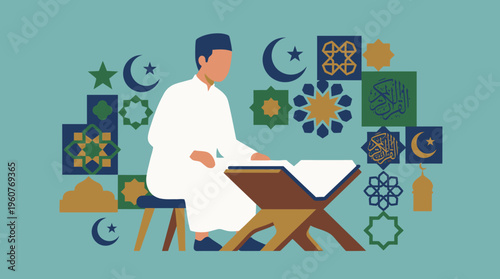 A Muslim man in traditional attire reading the Quran on a rehal, surrounded by various Islamic symbols and geometric patterns against a teal background.