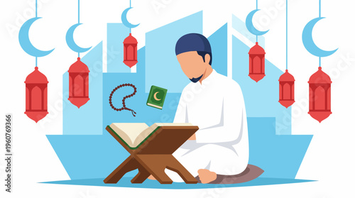 A Muslim man sitting on a prayer mat, reading the Holy Quran on a rehal, with crescent moons and lanterns in the background, depicting Islamic devotion and worship.