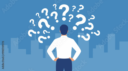 A man stands with his back to the viewer, surrounded by numerous question marks, contemplating a problem or seeking answers against a blue city background.