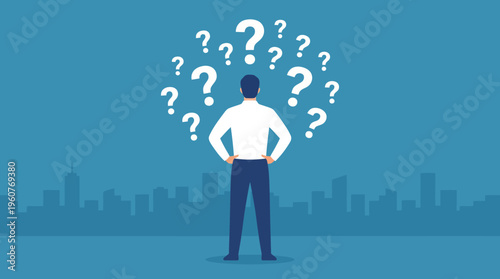 A man stands with his back to the viewer, surrounded by question marks, contemplating a decision or problem with a city skyline in the background.