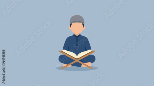 Illustration of a Muslim boy sitting cross-legged and reading from a holy book on a rehal, depicting religious study or Quran recitation.