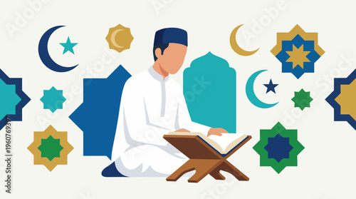 Illustration of a Muslim man in traditional attire reading the Quran, surrounded by various Islamic symbols and geometric patterns.
