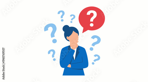 Woman thinking with question marks around her, symbolizing confusion, doubt, or problem-solving.