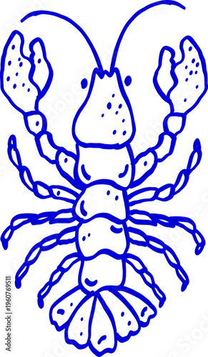 Vintage Aesthetic Blue Lobster Illustration Hand Drawn