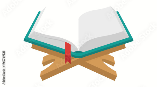 An open book with blank pages and a red bookmark, resting on a traditional wooden book stand, set against a clean white background.