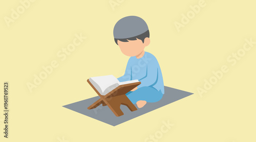 A young Muslim boy sitting on a prayer mat, reading from a holy book placed on a rehal, depicting religious education.