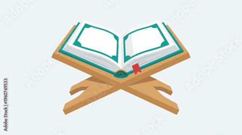 An open holy book, possibly a Quran, with green decorative borders and a red bookmark, resting on a traditional wooden rehal stand, depicted in a flat vector illustration style.