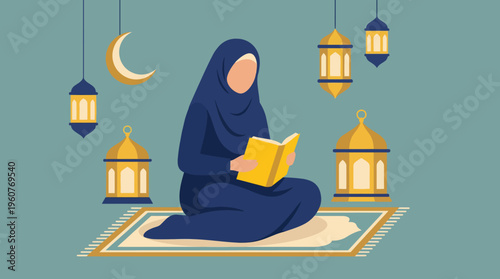 A Muslim woman in a hijab sitting on a prayer mat, reading a holy book with crescent moon and lanterns in a religious setting.