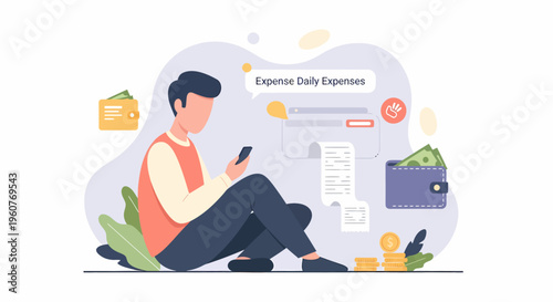 Man managing daily expenses on smartphone application.