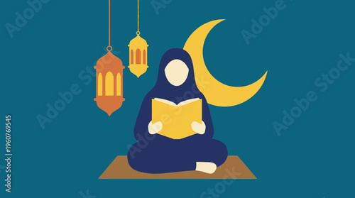A Muslim woman in hijab reads a holy book on a prayer mat with lanterns and a crescent moon, depicting Islamic devotion.