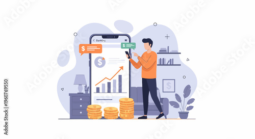 Man managing finances on smartphone with graph and coins.