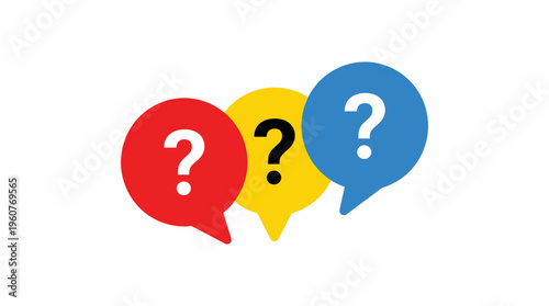 Three colorful speech bubbles with question marks, representing inquiry, confusion, or frequently asked questions.