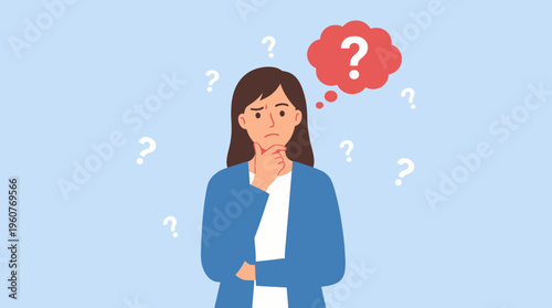 An illustration of a thoughtful woman with a confused expression, surrounded by question marks, pondering a problem or making a difficult decision.