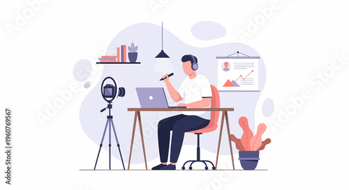 Man Recording Podcast or Streaming Video at Home Studio.