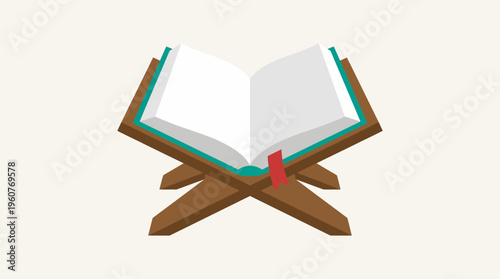 An open holy book with white pages and a teal cover resting on a brown wooden rehal stand, featuring a red bookmark.
