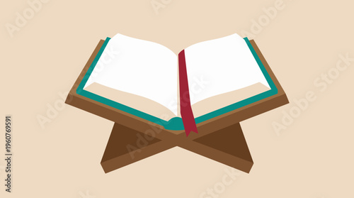 Flat illustration of an open holy book with a red bookmark resting on a traditional wooden book stand, set against a simple beige background.