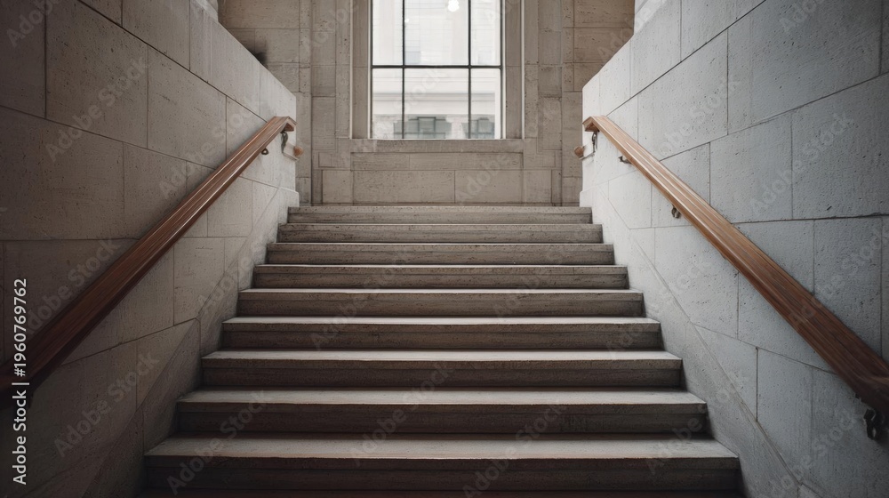 Fototapeta premium Set of stairs in a modern building. the stairs are made of concrete and have a wooden handrail on either side.