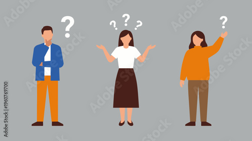 Three diverse people, two women and one man, expressing confusion and asking questions with question marks above their heads, on a grey background.